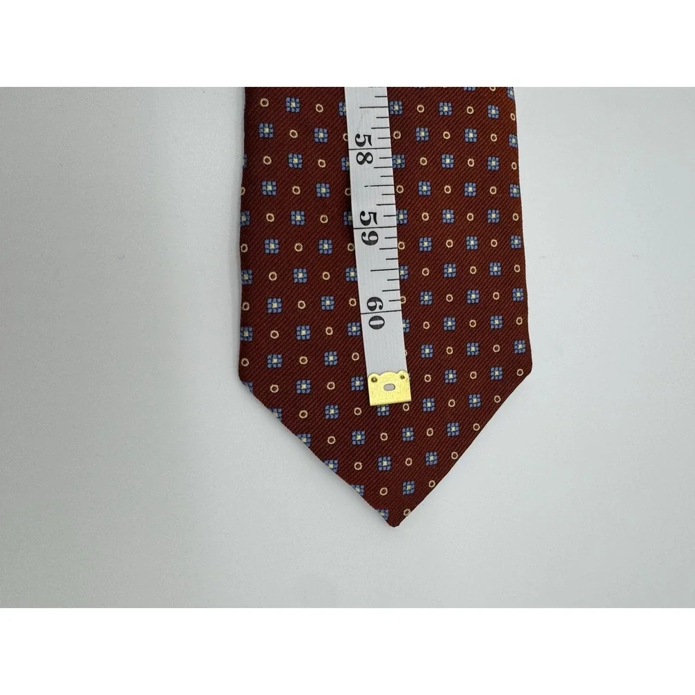 Barneys‎ New York Silk Tie Red Geometric Pattern Blue Gold Squares Made in Italy